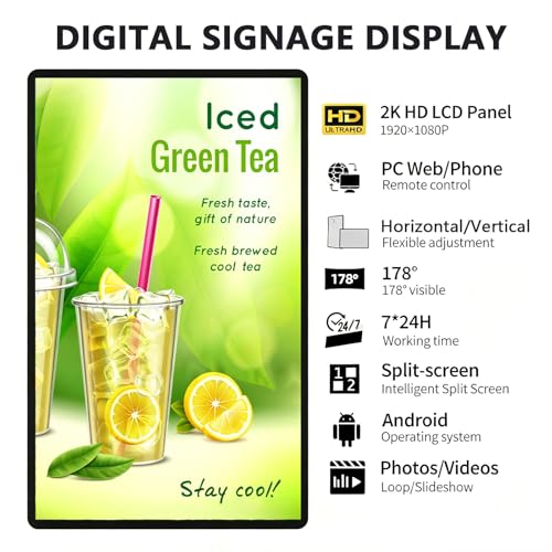 Image of Digital Signage Player Screen, Non-Touch Full-Color LCD Display Board for Retail Store Advertising, 24 /7 Smart Automation Power & Brightness Control, Multi-Zone Split Playback 13.3in