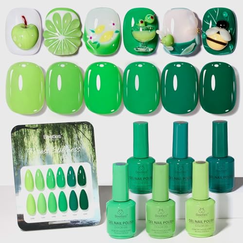 Image of Beetles Green Gel Nail Polish Set - Forest Stillness with Color Card, 6 Colors Summer Green Gel Polish Set 15ML /0.51FlOz, Same Color Bottle Professional Manicure Salon, Soak Off UV LED Summer Nails