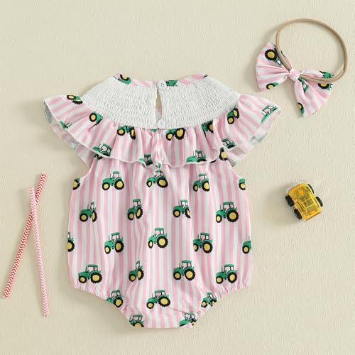 CIYCUIT Baby Girl Smocked Romper Bow Tractor Print Bodysuits Jumpsuits with Headband4