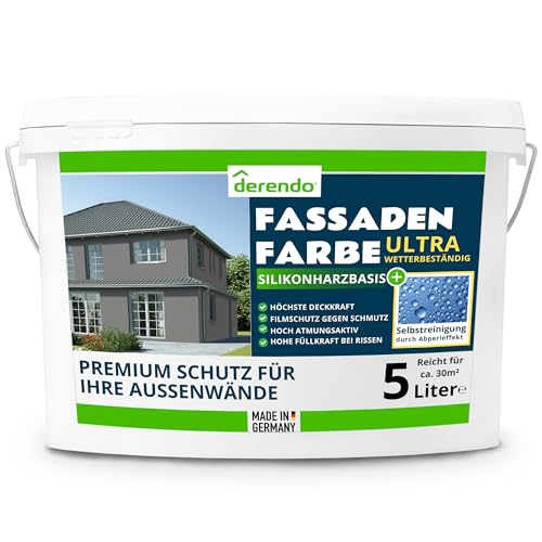 derendo Silikonharz Fassadenfarbe grau ULTRA Wetterschutz, 5l, Abperleffekt wie beim Lotus Blatt, inkl. Schutz vor Verunreinigungen durch die hochwertige Silikonharz-Beschichtung (Betongrau 25-47) derendo Silikonharz Fassadenfarbe grau ULTRA Wetterschutz, 5l, Abperleffekt wie beim Lotus Blatt, inkl. Schutz vor Verunreinigungen durch die hochwertige Silikonharz-Beschichtung (Betongrau 25-47)