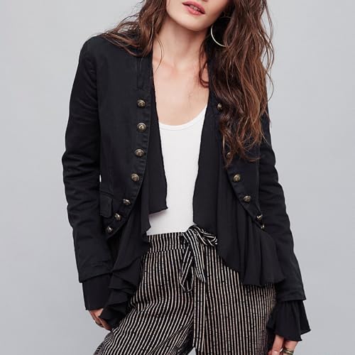 Women Casual Ruffles Jacket High Low Hem Steampunk Blazers Button up Romance Open Front Cotton Cardigan4