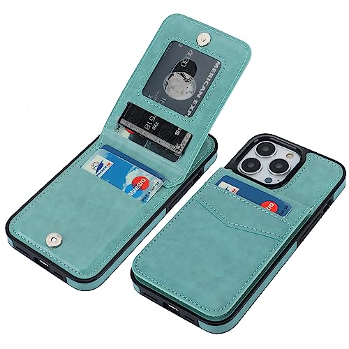 Image of KIHUWEY Compatible with iPhone 13 Pro Case Wallet with Credit Card Holder, Premium Leather Magnetic Clasp Kickstand Heavy Duty Protective Cover for iPhone 13 Pro 6.1 inch(Mint Green)