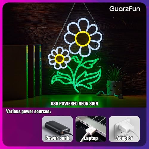 Image of Daisy Flower Neon Sign Flora LED Neon Lights Boho Decor for Bedroom Wall Decor Vintage Light Up Signs Room Party Bedroom Classroom Hanging Decoration Gifts 16.5 x 12.6 inchs