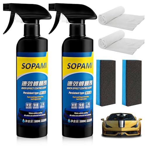 2Pcs Sopami Car Coating Spray,Quick Effect Coating Agent,Quickly Coat Car Wax,Car Scratch Wax Polish Spray Waterless Wash,Oil Film Emulsion Glass Cleaner with towel (Sponge*2+Cloth*2)