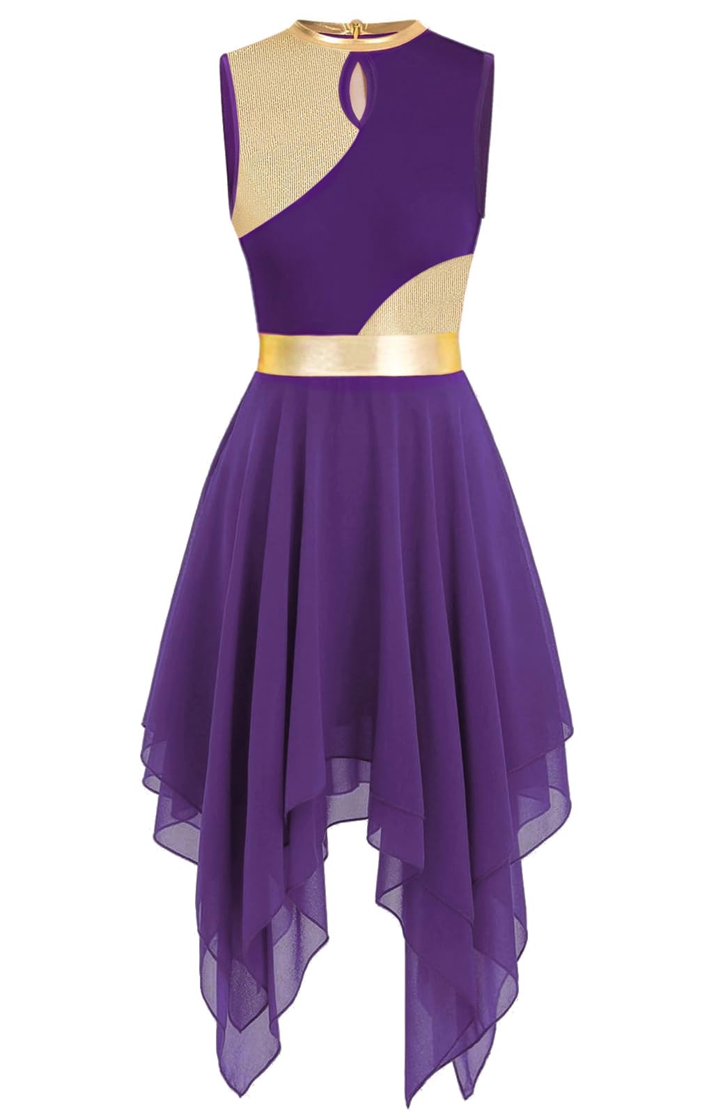 yrsZX Women's Praise Dance Overlays Dress Tunic Metallic Color Block Sleeveless Irregular Hem Worship Lyrical Dance Dress