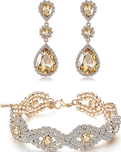 Silver/Gold Plated Bridal Wedding Rhinestone Earrings Bracelet Set for Wedding Brides Bridesmaids Crystal Stone Dangle Drop Earrings Link Tennis Bracelet Set for Women Wedding