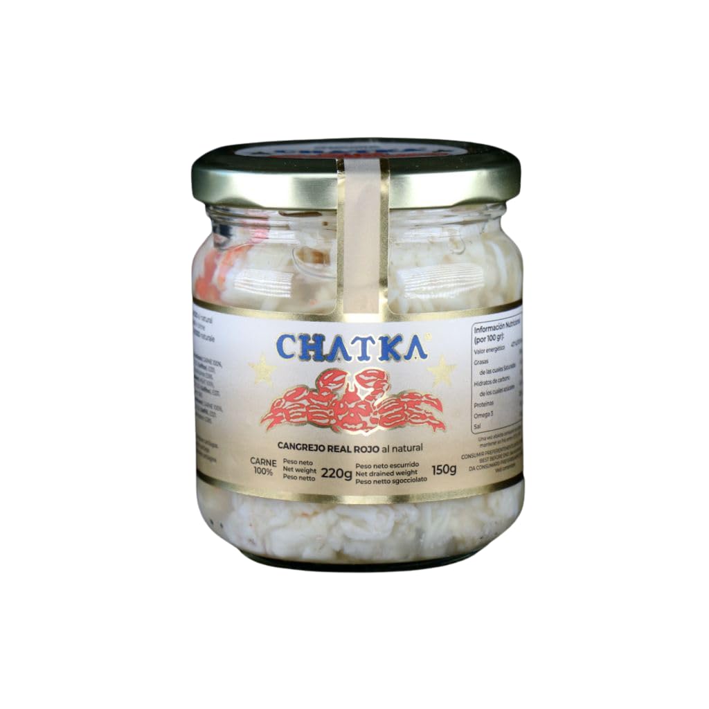 Chatka - Conserva en bote de cristal con 100% carne de auténtico cangrejo real rojo y carne desmigada