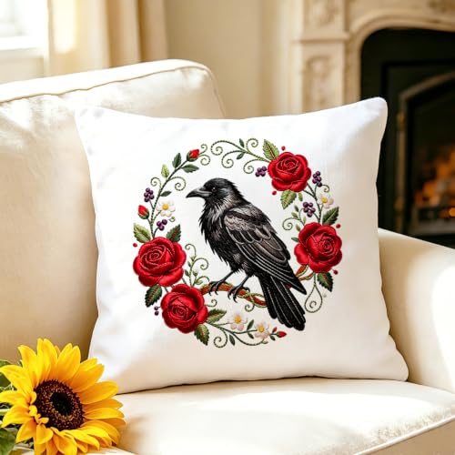 Image of BEUNITONE 4 Set Halloween Embroidery Kits for Beginners, Crow Design with Pre-Stamped Pattern Craft Kits Include Instruction and Hoops, 7.9 inchx7.9 inch Needlepoint Kits for Festival Gifts and Home Decor