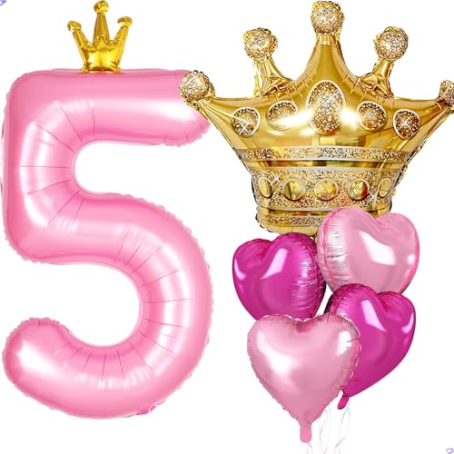 Princess Peach Birthday Party Decorations 40 inch Large Pink Crown 5 Balloon for Girls Princess Peach Party Decorations Party Supplies Favors Anniversaries(Number 5 Foil Mylar Birthday Balloon)