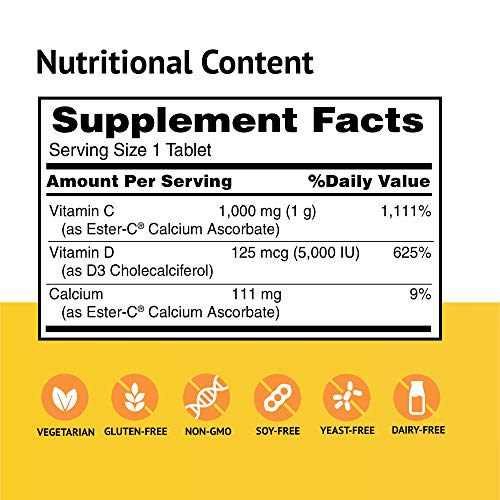 American Health Esterc With D3 Bone Immune Complex Vegetarian Tablets 24Hour Immune Support 1000 Mg Esterc 5000 Iu Vitamin D3 Nonacidic Vitamin C Servings, 60 Count #TOP1
