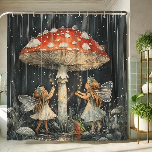 Märchen-Duschvorhang, Fantasievoller blonder Feen-Pilz-Badvorhang für Kinder, Badezimmer-Dekor, Herbstverzauberung, modern, Fantasie, wasserdichter Stoff, Duschvorhang-Set mit Haken, 183 x 198 cm