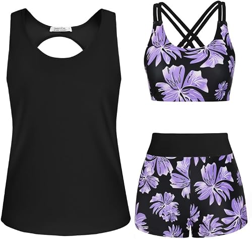 JASAMBAC 3-teiliger Tankini Damen Bauchweg, Push-up-Bikinioberteil und High Waist Badeshorts, einfache Badebekleidung, Damen-Sport-Badeanzug, Bademode für Schwimmbad, Strand