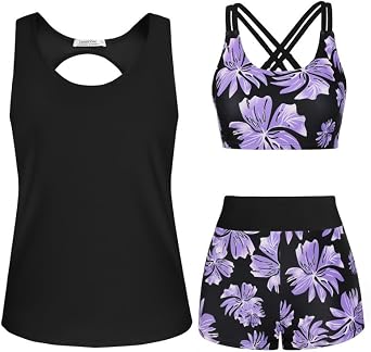 JASAMBAC 3 Piece Tankini Swimsuit for Women Swimwear Tank Top with Bikini Top Boyshort Set