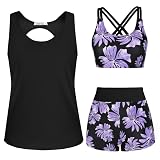 JASAMBAC Sport Bikini Damen,3 teiliger Tankini Set,Push Up Bademode,Bauchweg Badeanzug Oberteil Und High Waist Badeshorts,Verstellbare Badebekleidung,Modest Schwimmanzug Komfort Strandmode