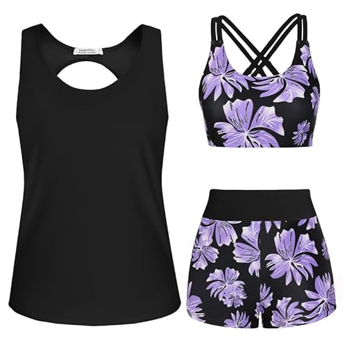 JASAMBAC Badeanzug Damen Bauchweg,3 teilig Tankini Set,Sport Bademode，Push Up Bikini Oberteil Und High Waist Badeshorts,Verstellbare Badebekleidung,Freizeit Schwimmanzug Komfort Strandmode