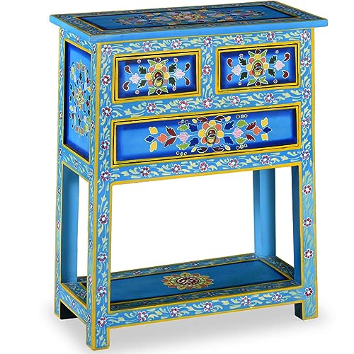 Foknhdi Buffet turquoise peint à la main en bois de manguier massif 60 x 30 x 76 cm - Commode rétro avec 3 tiroirs pour salon, couloir ou chambre à coucher
