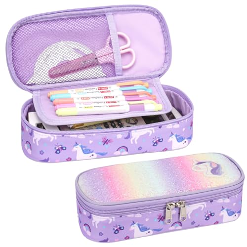 Image of Bagseri Kids Pencil Case Girls - Cute Pencil Case Large Capacity Pencil Pouch Pencil Box, Multifunction Pencil Bag with Compartments for Girls Kids Teen, Pen Case Only (Glitter Purple Unicorn)