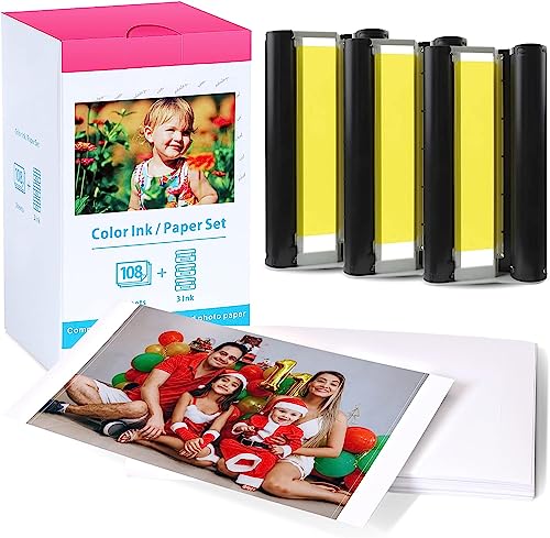 Compatible con Canon Selphy CP1300 CP1500 Papel y Tinta KP 108IN 3115B001 (AA), para Canon Selphy CP1200 CP1000 CP910 CP810 CP740, 108 Papel Fotográfic y 3 Cartuchos de Tinta, 10x15 cm