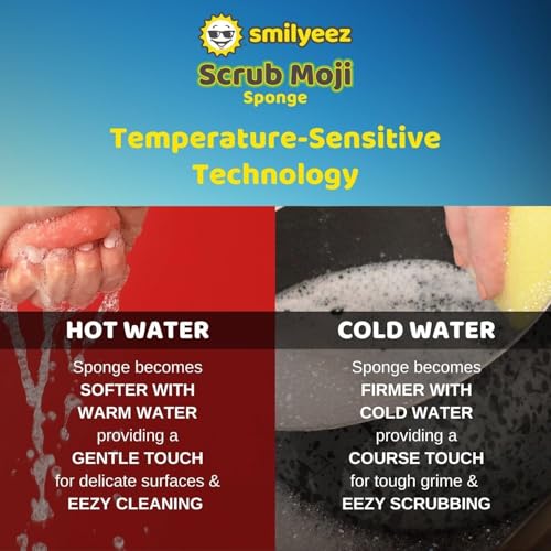 Image of The Original Scrub Moji Scrubbing Sponge by Smilyeez (Set of 6) - Purple - Temperature-Responsive Polymer Foam, Stain and Odor Resistant, Ideal for Kitchen and Bathroom Cleaning