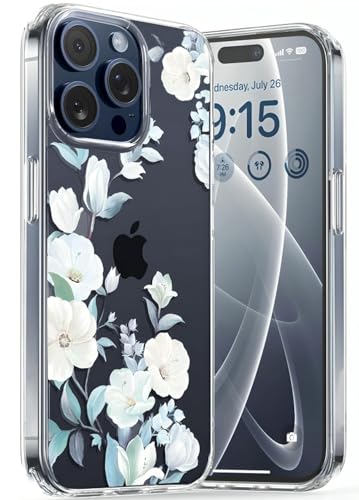 Image of VONZEE Clear Transparent Flower Case for iPhone 15 Pro Max (6.7 Inch) | Shockproof Floral Design Back Cover | PC+TPU Bumper with Full Camera Protection for Girls & Women (Blue)