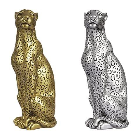 POLYDUKE Modern Gold and Silver Cheetah Figurine Sitting Style Home Décor Realistic Antique Classical Leopard Statues Living Room Decor Cover