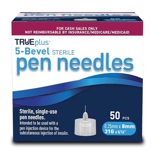 TRUEplus 5-Bevel Sterile Pen Needles 31G x 8mm (5/16 Inch) Single-Use Needles Silicone Coated Compatible Thread with Major Pen Devices 50 Count