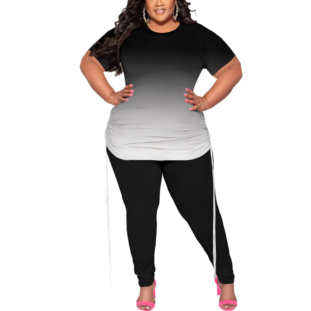 PINSV Women's Plus Size 2 Piece Outfits Sweatsuits Short Sleeve Jogger Sets Tracksuit