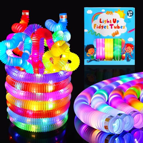 Pop Tube LED Couleur,Jouets Sensoriels de Tuyau Extensible Multicolore Jouets de Soulager Stress,12 Tuyaux Pop Tubes Mini pour Enfants, Fournitures de Fête Lumineuses