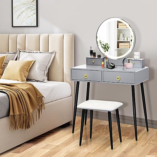 COSTWAY Vanity Table Set with Mirror and Lights, Makeup Dressing Table w/ 3 Color Lighting Modes & Adjustable Brightness, Vanity Mirror with Desk and Cushioned Stool for Women Girls (Grey & Black)