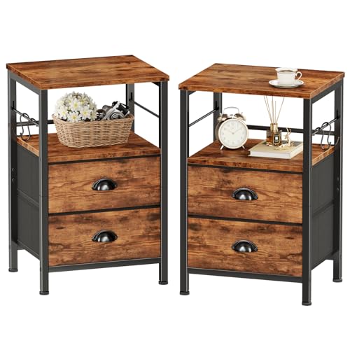 Furologee Night Stand Set of 2, Nightstand with 2 Fabric Drawers, Bed Side Table with Open Shelf, Wooden Top, Hooks, Backboard Design, End Table for Bedroom, Study, Hallway, Brown