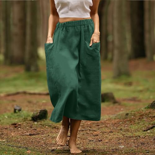 Women's Cotton Linen Casual Midi Skirt High Elastic Waisted Long Skirts Fall Winter Solid Color Skirt with Pockets3
