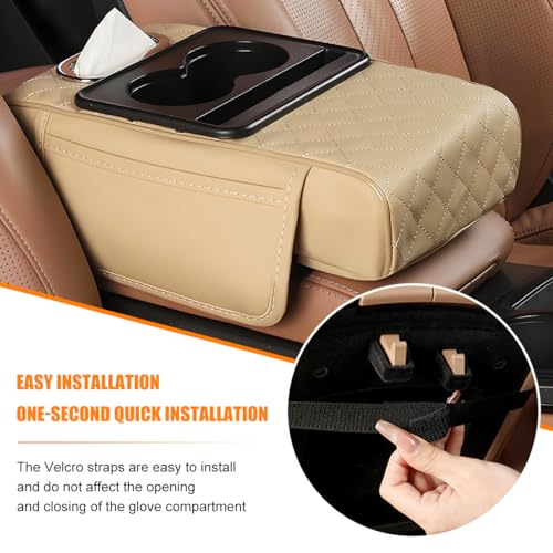 Image of Car Armrest Cushion, 5-in-1 Nappa Leather Vehicle Centre Console Cover with 2 Storage Pockets, Cup Phone & Phone Holder, Multifunctional Auto Organiser Accessories, Universal Fit (Beige)