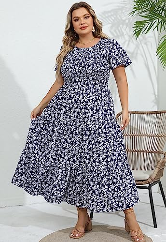 Womens Plus Size Long Maxi Dress with Pockets Floral Smocking Flutter Sleeves Tiered Layers Casual Dresses3