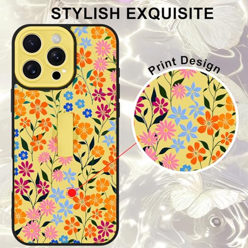 Image of for iPhone 16 Pro Max Case with Finger Strap Holder, Cute Colorful Floral Flower Print Pattern Design for Women Girls, Shockproof Anti Scratch Hand Kickstand Protective Cover, Yellow