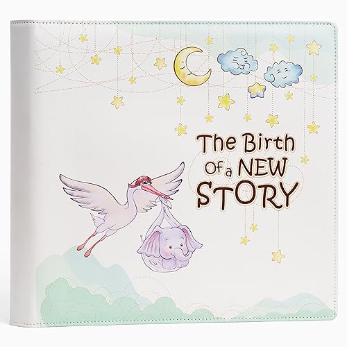 Image of Leather-Bound Baby Memory Book Boy Girl - Beautiful Baby Scrapbook Album with Monthly Milestone Stickers | Loose-Leaf Elephant Baby Book Memory Keepsake Journal for Newborns