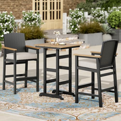 PHI VILLA Table de bar 3 pièces avec tabourets de bar, table de bar d'extérieur avec tabouret en rotin et plateau de table en grain de bois, table de bar...