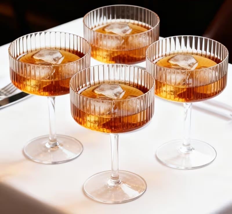 Image of PrimeWorld Ribbed Coupe Glasses Set of 4 - 340ml Vintage Cocktail & Martini Glassware | Elegant Ribbed Wine Glasses for Bar, Home, Parties & Gifting
