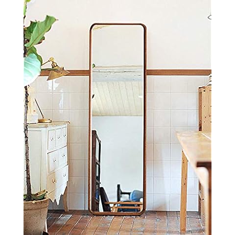 TinyTimes 63"×18" Wooden Frame Full Length Mirror, Floor Mirror with Stand, Beech, Rounded Corner, Rustic Mirror, Free Standing or Wall Mounted, for Bedroom, Living Room, Dressing Room - Brown Cover