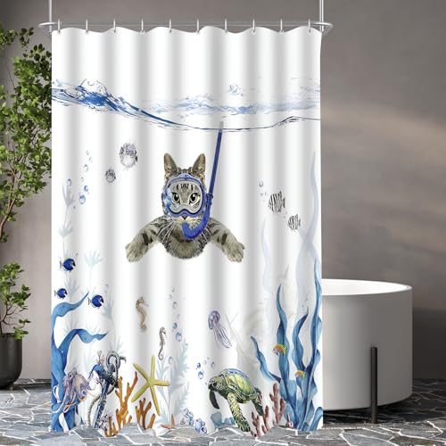 Lerores Shower Curtain 150 x 200 cm, Cat Swimming Anti-Mould Textile, Weighted Hem, Water-Repellent, Washable Polyester Fabric Bath Curtains with 10 Eyelets and Shower Curtain Rings for Bathroom,
