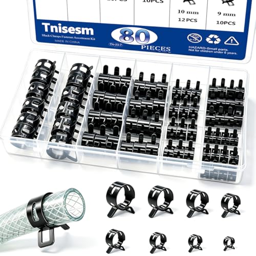 Image of Tnisesm 80Pcs Spring Band Hose Clamps Assortment kits Silicone Vacuum Hose Pipe Clamp 7mm 9mm 10mm 11mm 14mm 15mm 16mm 18mm Low Pressure Air Clip Clamp(Black)