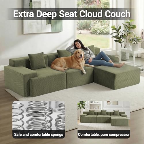 Image of 119'' Modular L-Shaped Boneless Sectional, Corduroy Deep Seat Cloud Sectional Couch, Small Space Sofa for Apartment Living Room Bedroom, No Assembly, Green
