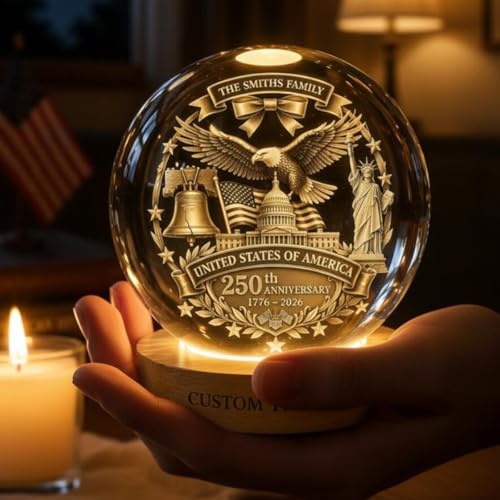 Image of 250 Anniversary USA Merchandise, Personalized 250th Anniversary Crystal Ball Night Light, Custom 1776-2026 USA LED Lamp, Engraved Patriotic Gift, American Independence Decor Light for Home
