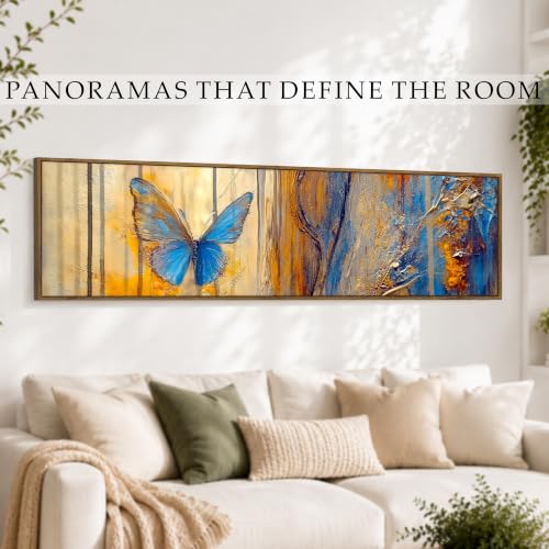 Image of Large Canvas Painting Panel Framed Wall Painting Abstract Blue Butterfly Framed Luxury Paintings for Home Decoration, Living room, Bedroom and Office Decoration - Blue, 13x47 Inch