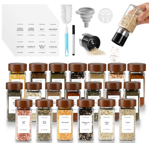 FRIBERG Lot de 20 pots à épices carrés en bois d'acacia de 120 ml, avec 2 moulins à épices pour le stockage des épices, bocaux à épices, pot epices verre avec étiquettes à épices
