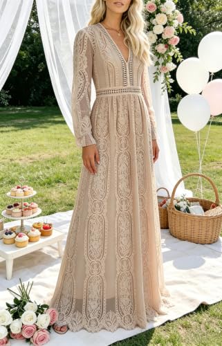 Image of Cercis Womens Off The Shoulder Floral Lace Maxi Wedding Dress Boho Flowy Wedding Guest Formal Long Dresses
