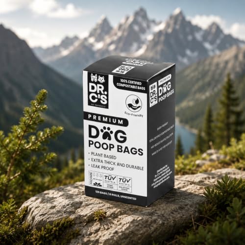 Image of 100% Certified Compostable Dog Poop Bags - Dr. C's Premium Dog Poop Bags - 120 Bags / 8 Rolls, Extra thick, Leak Proof, Unscented, Plant Based, Earth Friendly and USA Owned