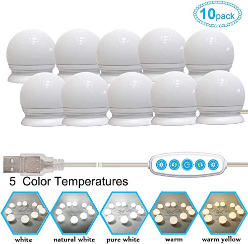 AUA Luces para Espejo de Maquillaje LED Kit con 10 Bombillas Regulables, Luces de Espejo LED Estilo Hollywood con 5 Modos Ajustable de Color de Luz, Lámpara de Espejo Baño, Luz Espejo de Tocador