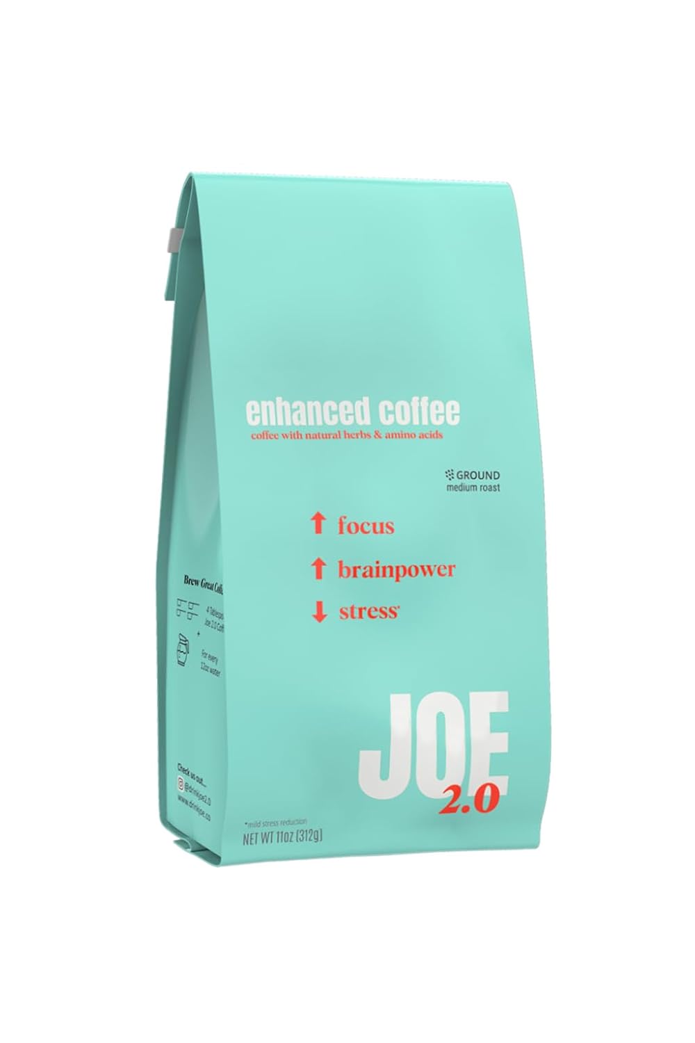 Joe 2.0 Colombian Mushroom Coffee – Medium Roast Ground Nootropic Coffee with Lion’s Mane, Ashwagandha, L-Theanine & L-Tyrosine – Supports Focus & Calm – 20 Servings (11 oz)