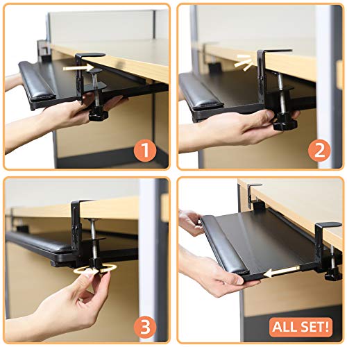 augtarlion Under Desk Keyboard Tray Smoothly Slide in and Out Keyboard Drawers Adjustable Height Clamp Keyboard Platforms with Wrist Support Pad (30 x 10 inch) - Thumbnail 5