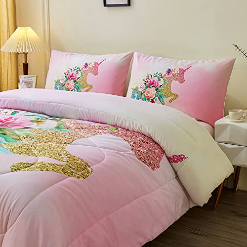 Namoxpa Floral Unicorn Bedding Comforter Sets Girls Unicorn Pink Roses Comforter 3 Pieces Green Fantasy Glittery Horse Comforter Sets For Teens And Girls,Twin Size #TOP4